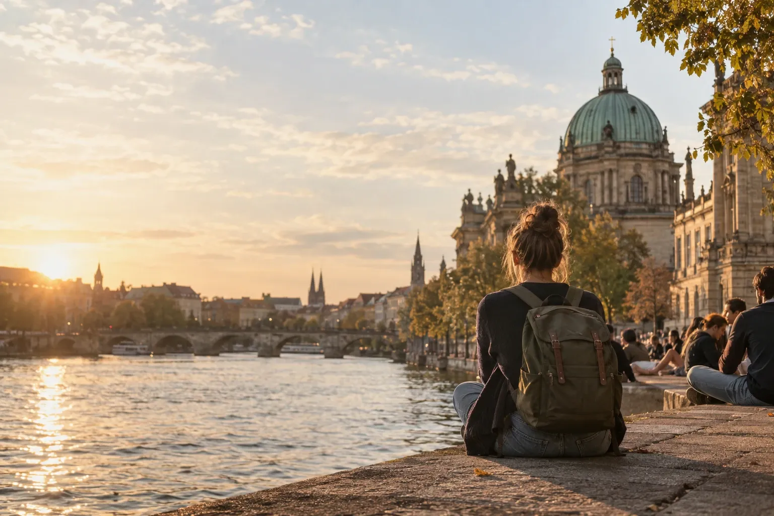 Studentin mit Rucksack sitzt am Flussufer einer Universitätsstadt im Abendlicht