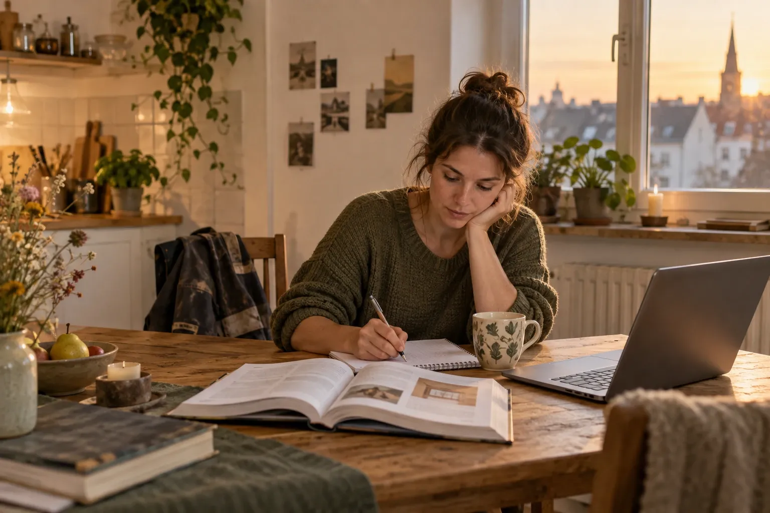 Junge Frau sitzt am Holztisch, lernt aus Buch, schreibt Notizen, Laptop, Tasse, warmes Abendlicht