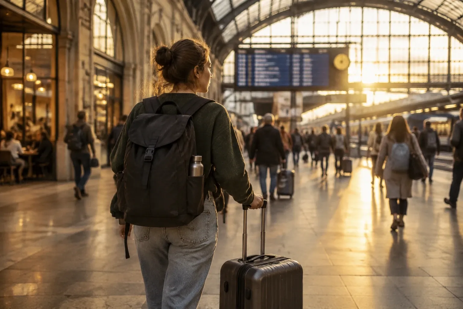 Junge Frau mit Rucksack und Rollkoffer geht durch Bahnhofshalle bei Sonnenlicht