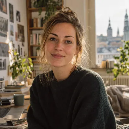 Porträt einer Frau mit hochgesteckten braunen Haaren und dunklem Strickpullover vor einem Fenster mit Blick auf eine Altstadt