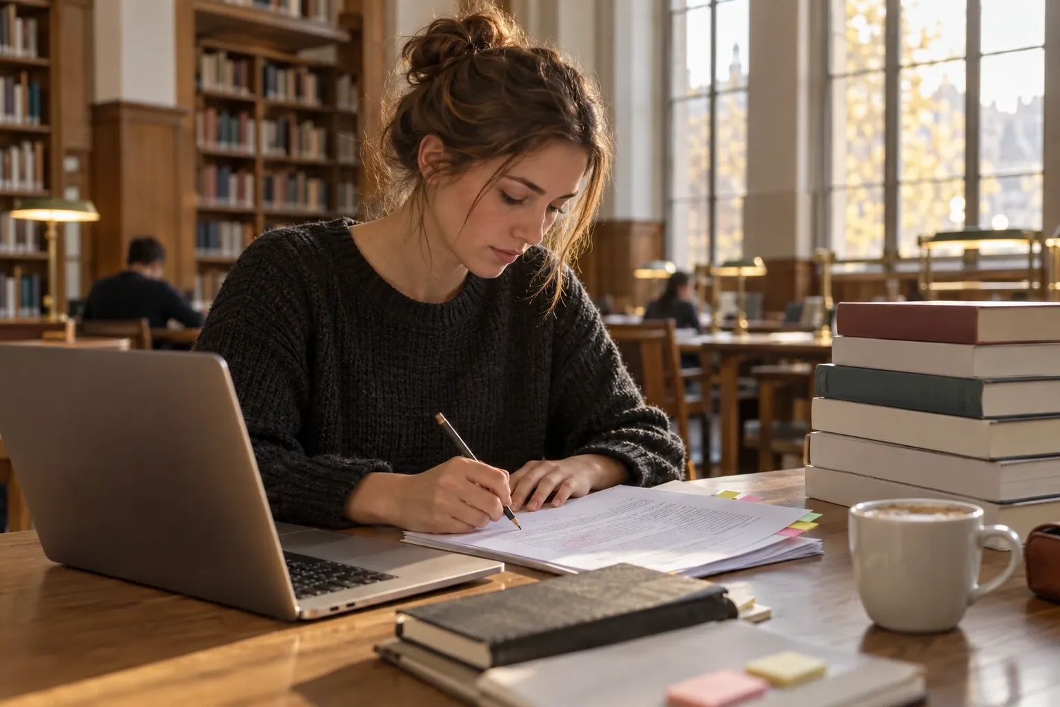 Studentin in Bibliothek schreibt Notizen neben Laptop, Stapel Bücher, Kaffeetasse, Tageslicht