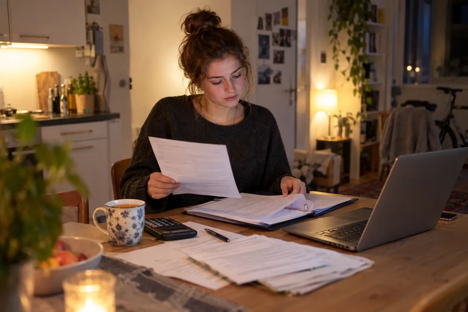 Junge Frau am Esstisch liest Unterlagen, Laptop, Taschenrechner, Teetasse, warme Zimmerbeleuchtung