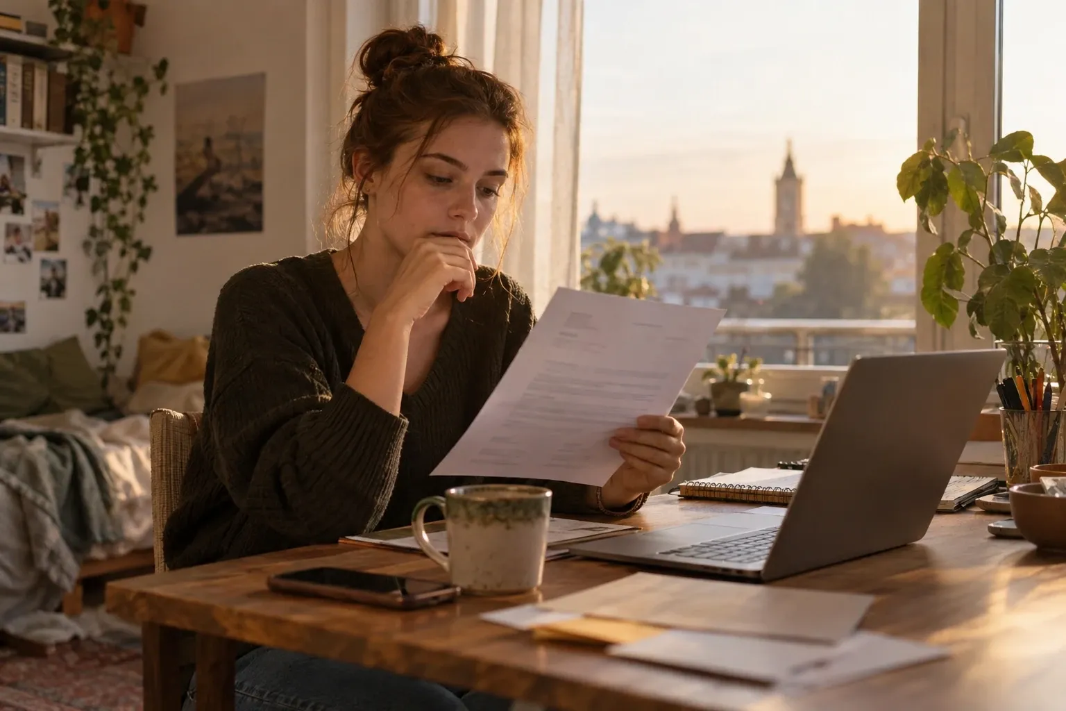 Frau am Tisch liest nachdenklich Unterlagen, Laptop, Tasse, Stadtblick im Abendlicht