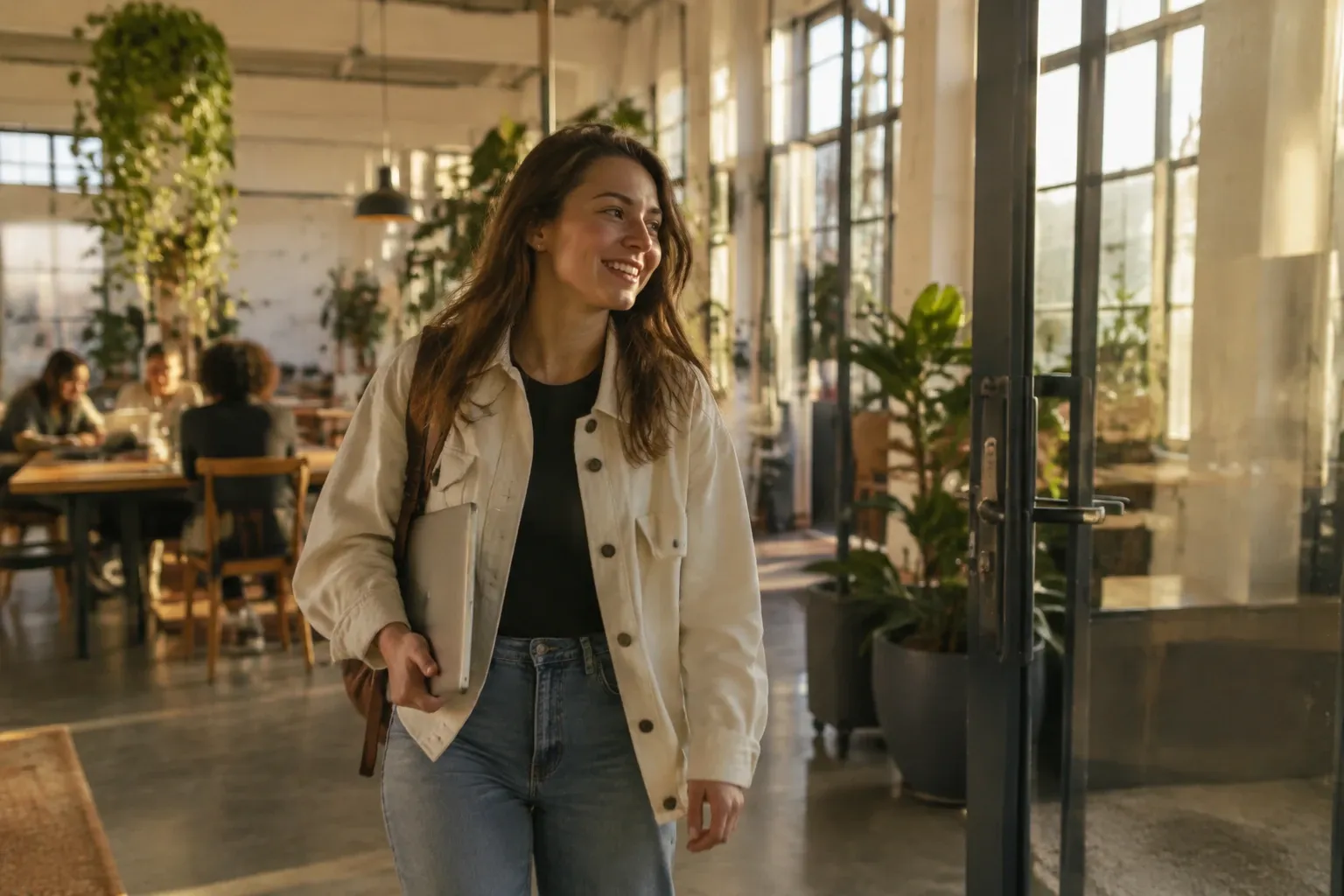 Junge Frau mit Jeans und Jacke betritt sonniges Coworking-Space, lächelnd, Tasche über der Schulter