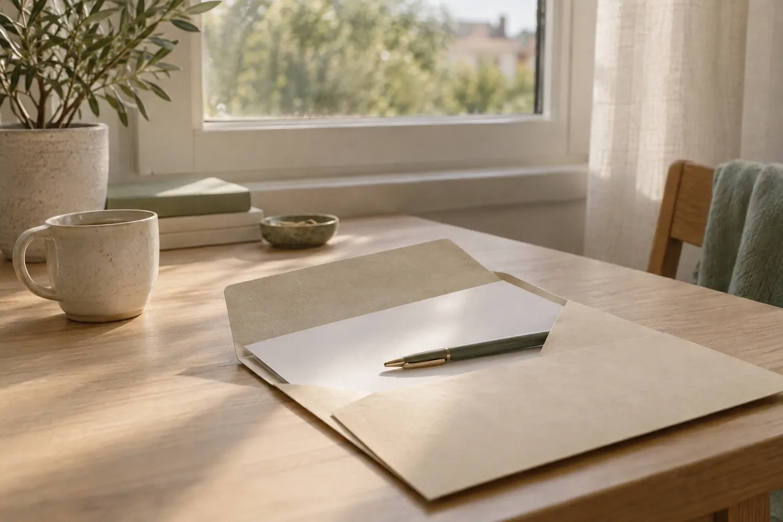 Offener Ordner mit weißem Papier und grün-goldenem Stift auf Holztisch, sonnig