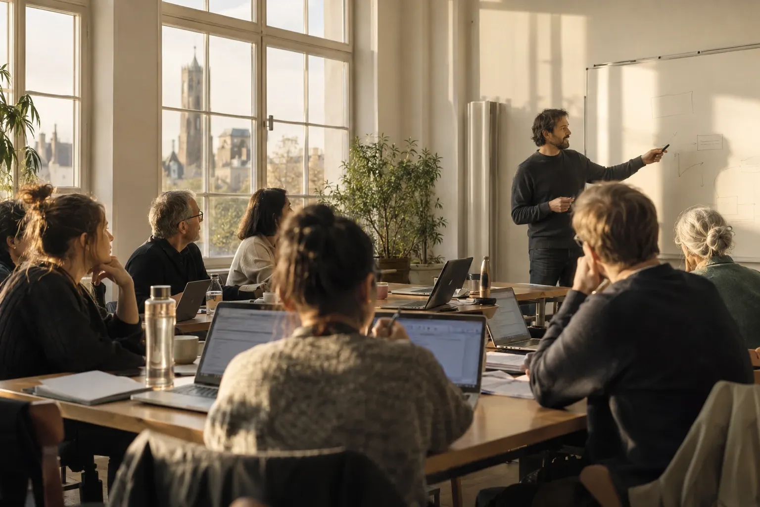 Erwachsener Dozent erklärt vor Whiteboard, Teilnehmende mit Laptops im Seminarraum