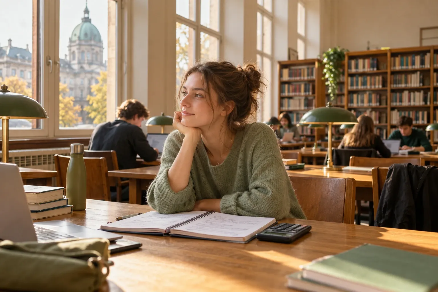 Studentin schaut verträumt aus dem Fenster, Notizen, Taschenrechner und Bücher auf Tisch