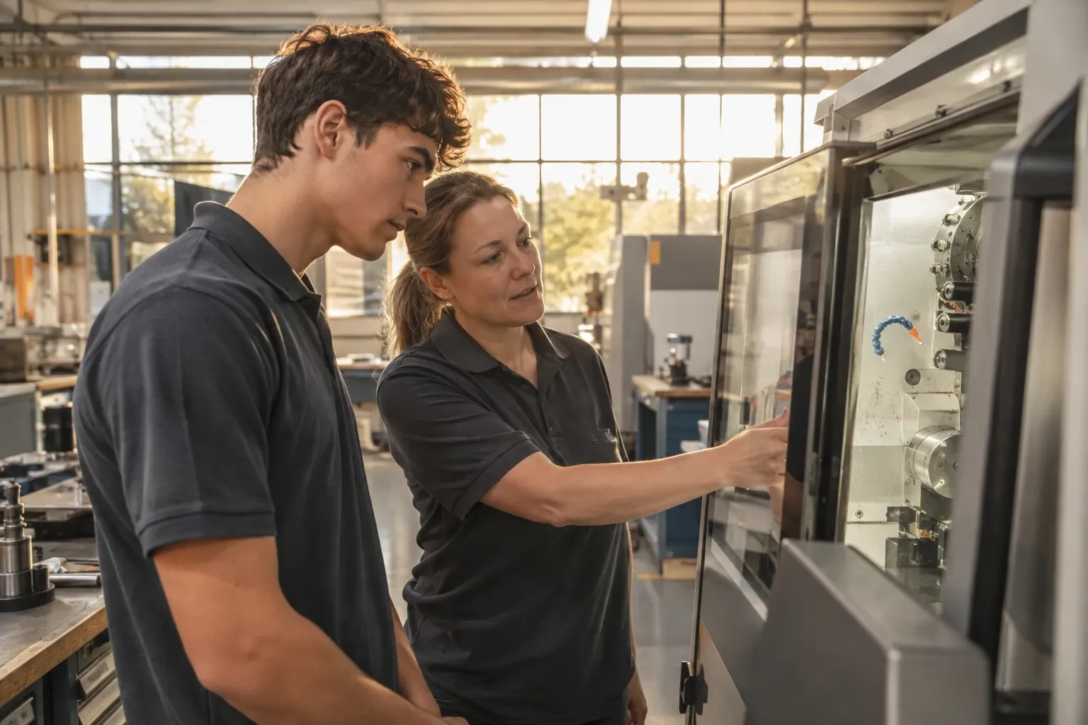 Ausbilderin erklärt jungem Auszubildenden Steuerung an CNC-Maschine in Werkstatt