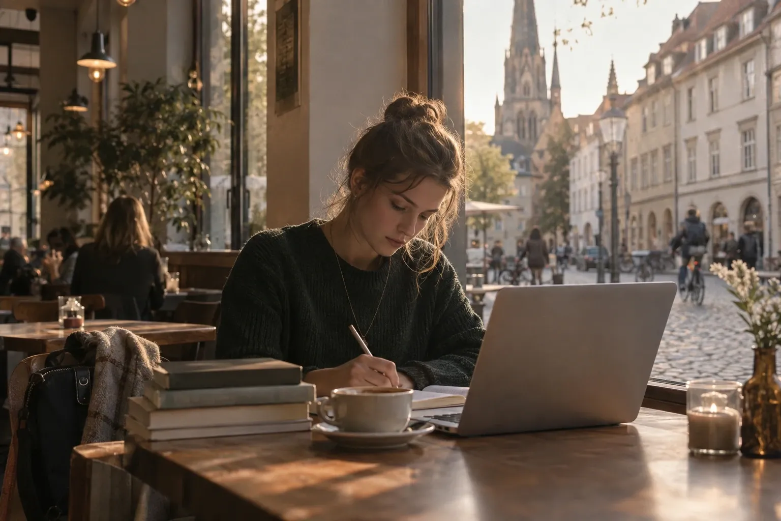 Studentin schreibt Notizen neben Laptop in Café mit Kirchenblick und Kaffeetasse
