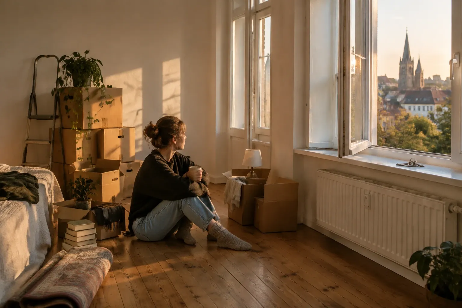 Frau sitzt auf Parkett zwischen Umzugskartons, blickt aus offenem Fenster zur Stadtlandschaft