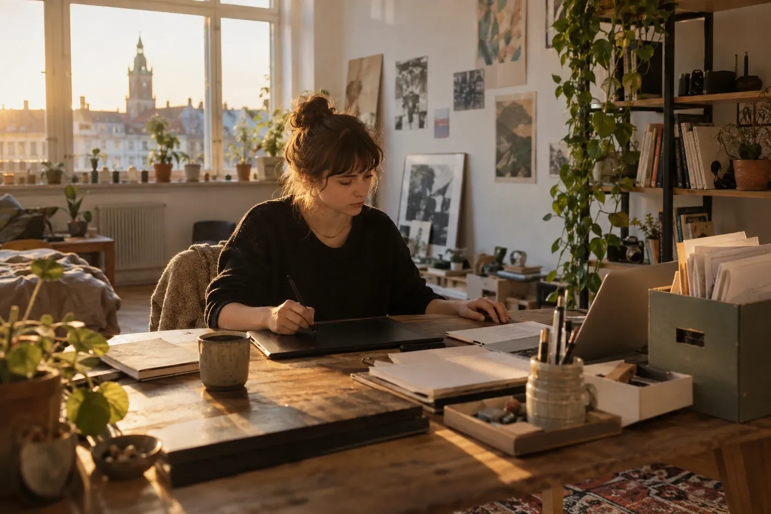 Frau arbeitet am Laptop und Grafiktablet in warm beleuchtetem, pflanzenreichem Homeoffice