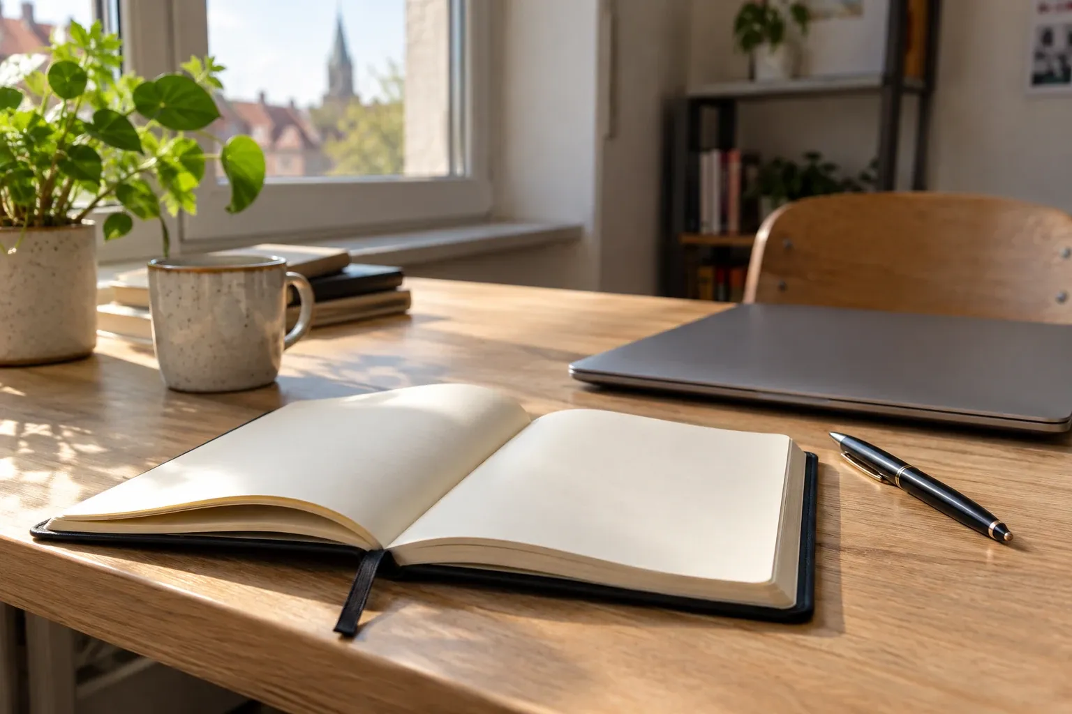 Aufgeschlagenes Notizbuch, Kugelschreiber, Laptop und Kaffeetasse auf Schreibtisch