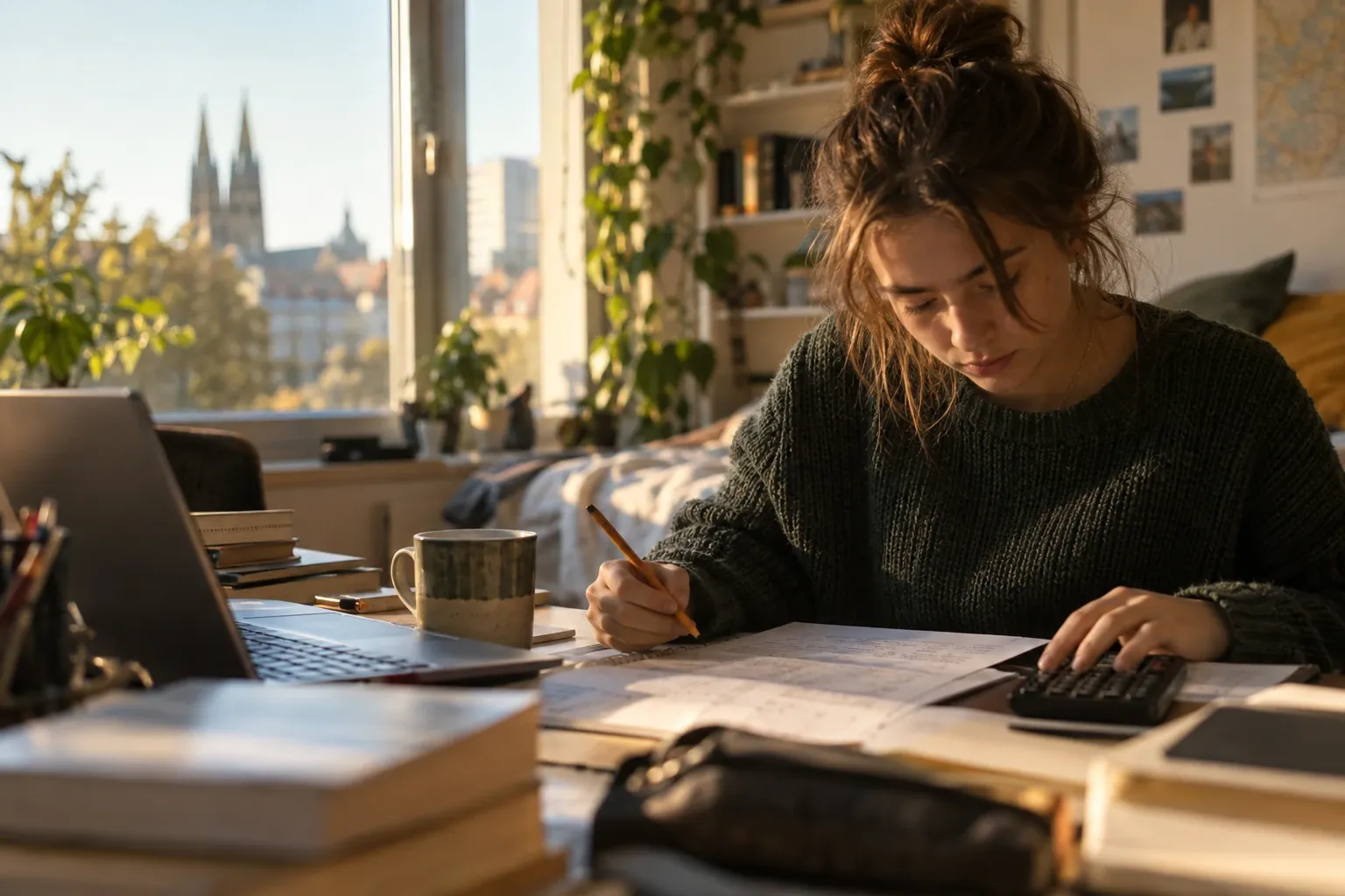 Studentin am Schreibtisch mit Laptop, Unterlagen und Taschenrechner, konzentriert beim Rechnen