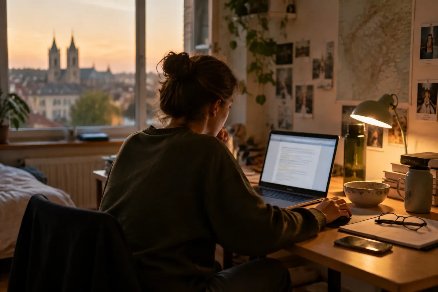 Studierende am Schreibtisch arbeitet abends am Laptop, Notizen und Schreibtischlampe sichtbar