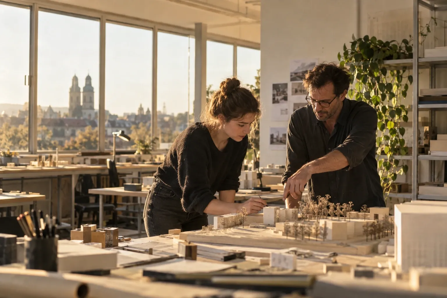 Studentin und Dozent betrachten gemeinsam Architekturmodell im hellen Atelier mit Stadtblick