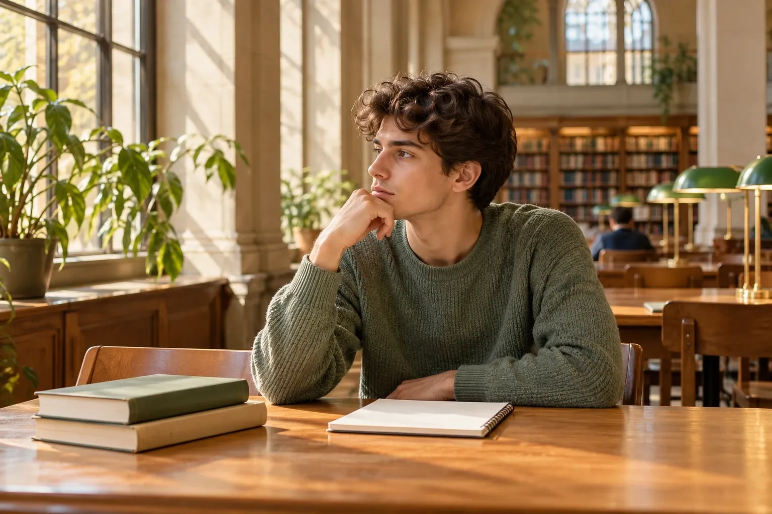 Student sitzt nachdenklich an Tisch in Bibliothek, Notizbuch und Bücher vor sich