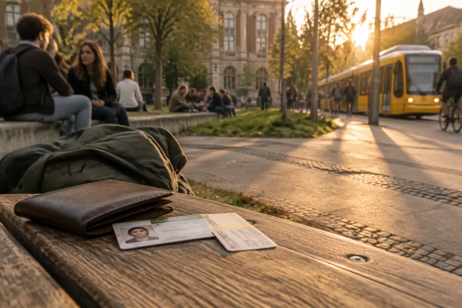 Geldbörse und Ausweis auf Parkbank, Studierende im Hintergrund, gelbe Straßenbahn bei Sonnenuntergang