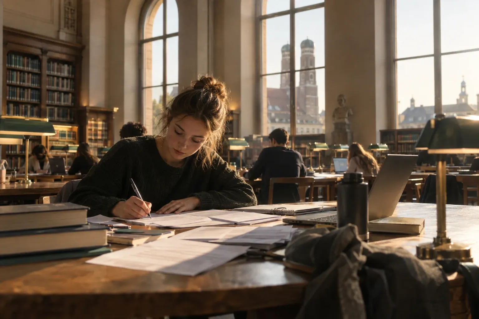 Studentin schreibt konzentriert an Papieren in einer sonnigen Universitätsbibliothek