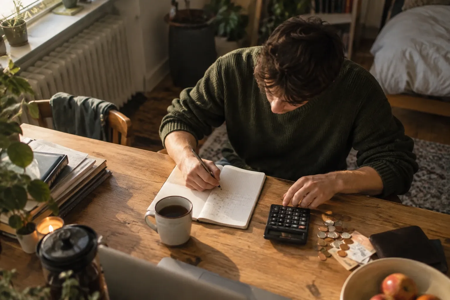 Student sitzt am Holztisch, rechnet mit Taschenrechner und Münzen, Notizbuch, Kaffee