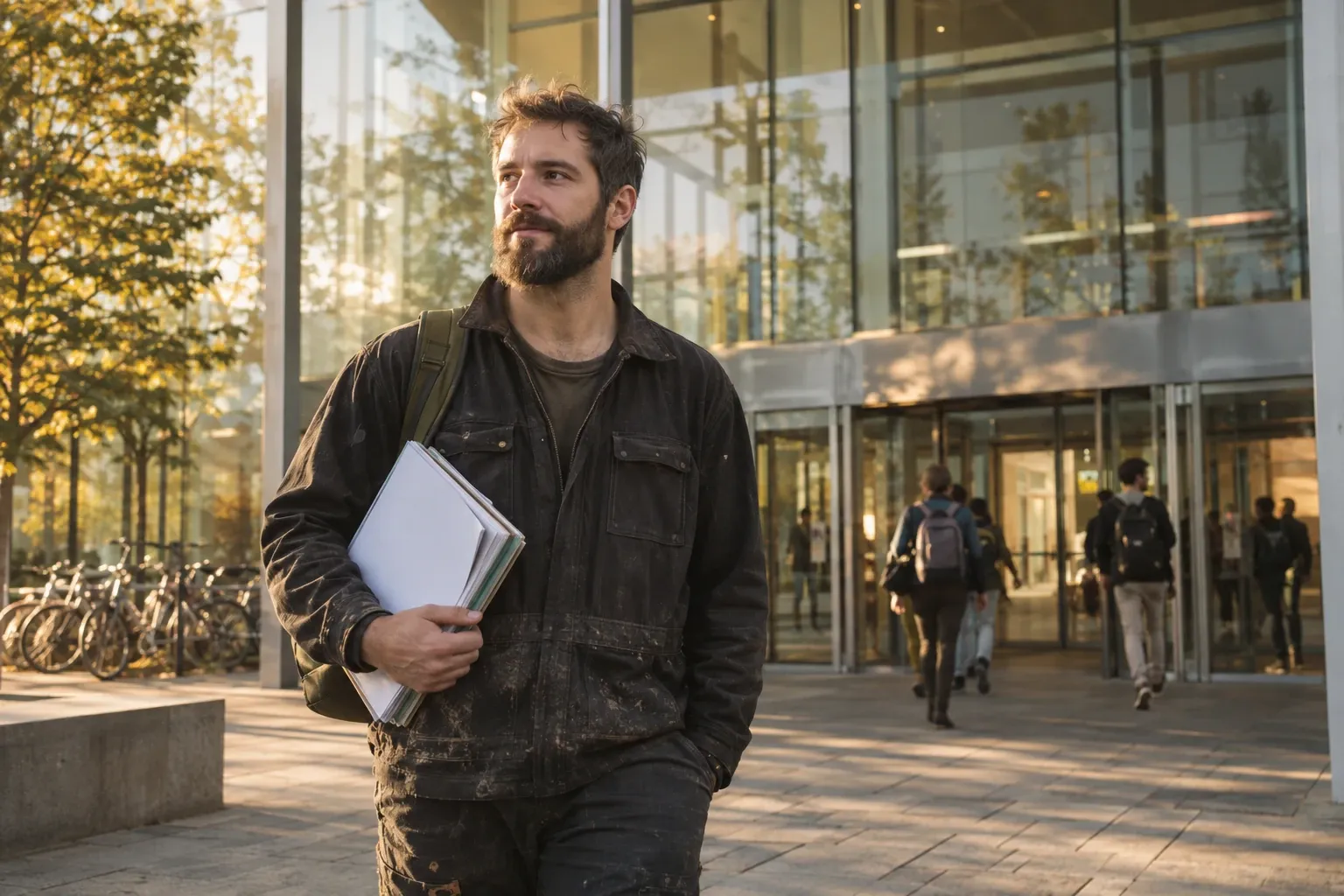 Junger Mann mit Notizheften vor gläsernem Universitätsgebäude bei Sonnenlicht