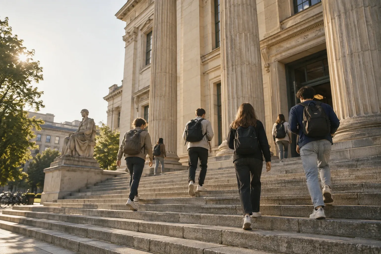 Studierende mit Rucksäcken steigen Treppe zu Universitätsgebäude mit Säulen empor