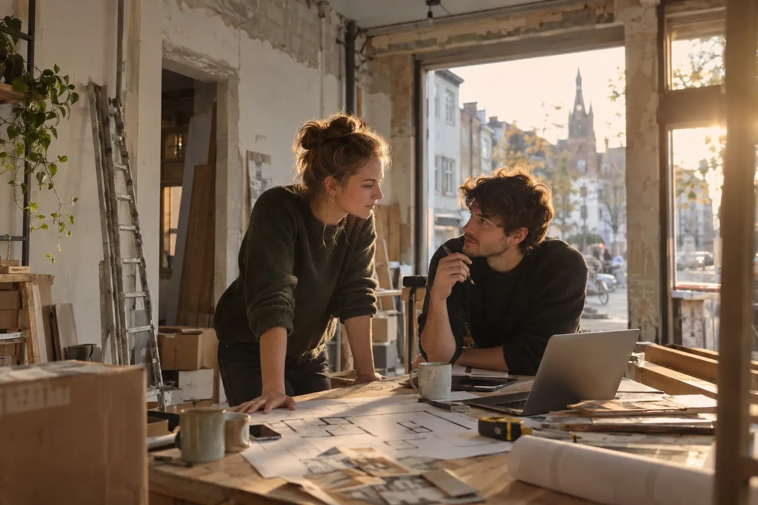 Zwei junge Gründer besprechen Baupläne an Tisch mit Laptop, Kaffeetassen, warmes Licht