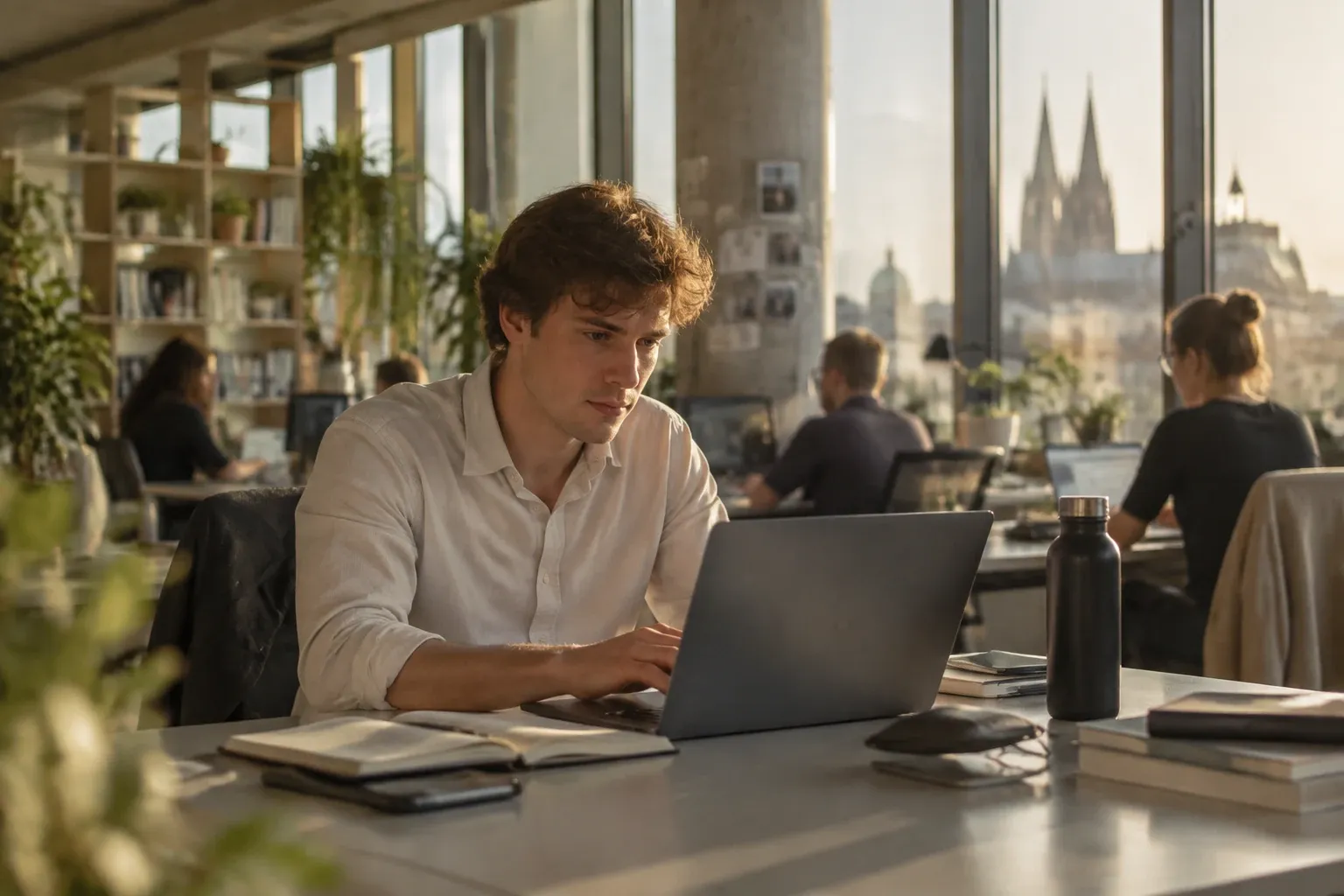 Junger Mann arbeitet an Laptop in hellem Coworking-Space mit Blick auf Dom