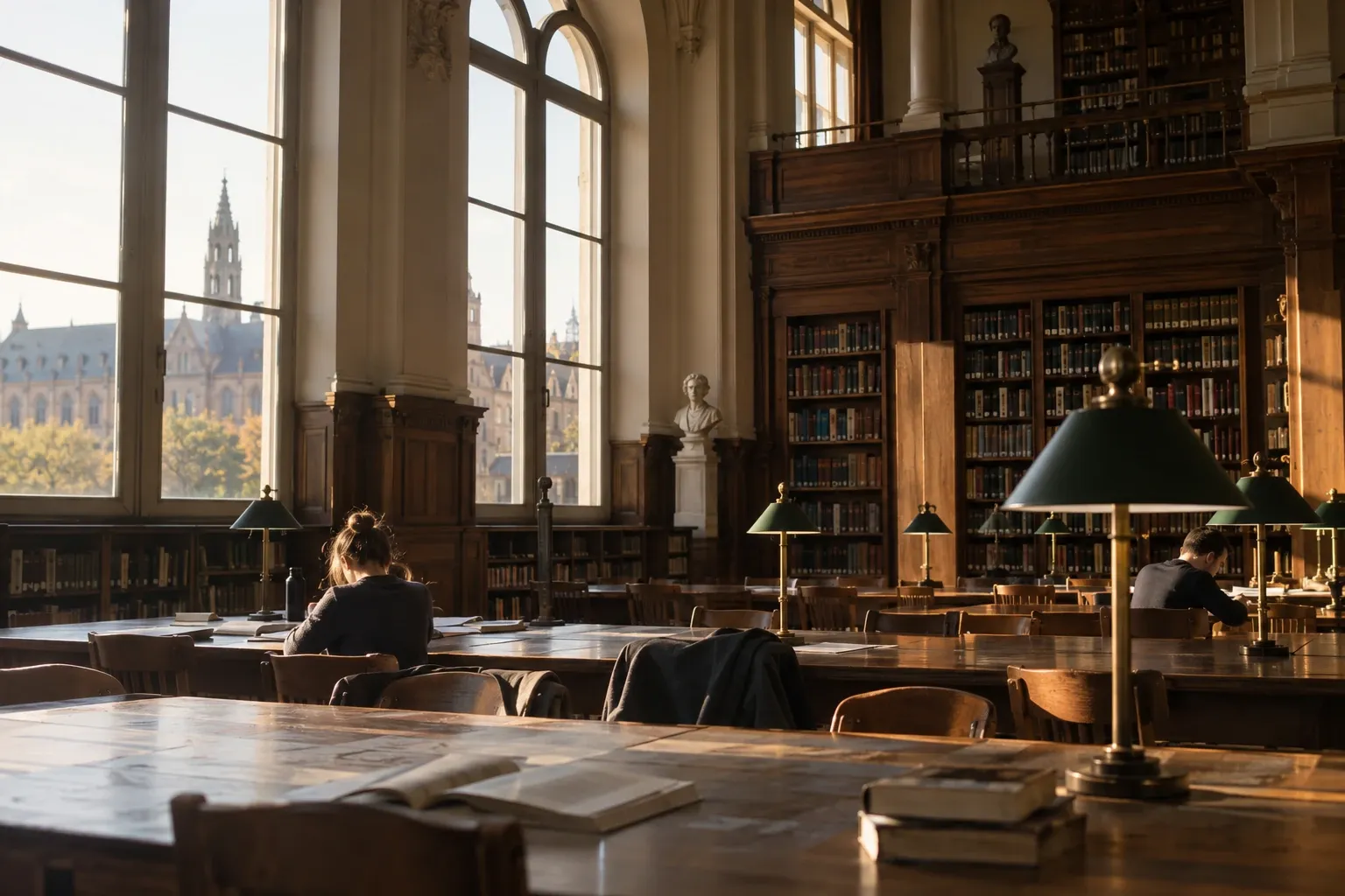 Große historische Bibliothek mit Lesenden an Tischen, Bücherregalen und warmem Tageslicht