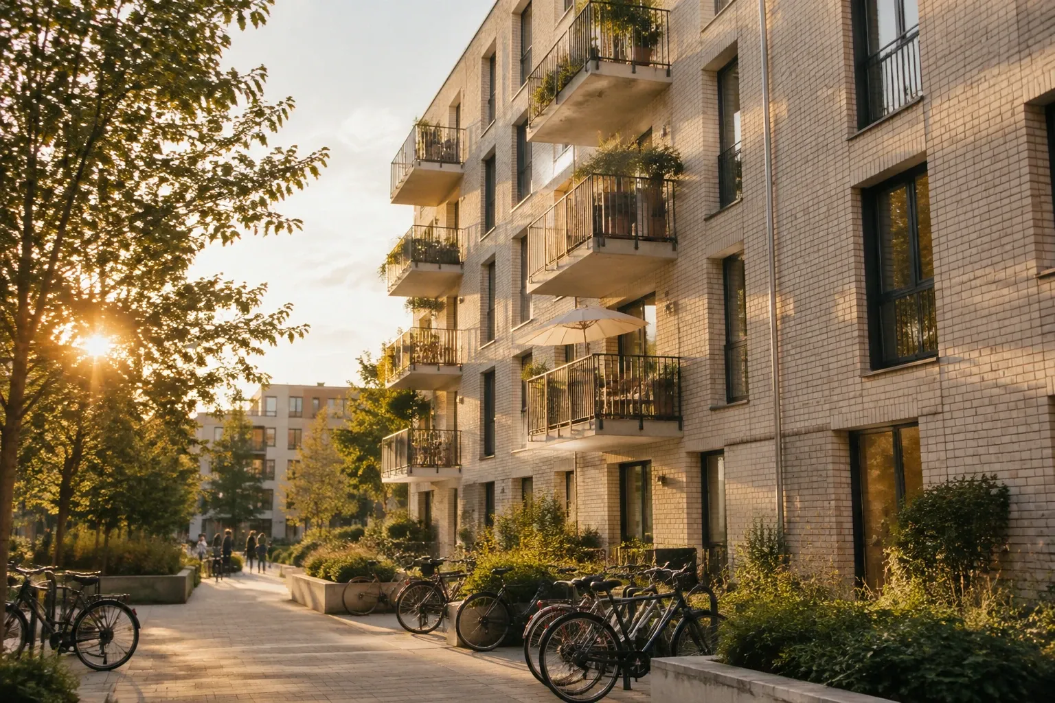 Sonniger Innenhof mit Fahrradständern, Balkonwohnungen, Pflanzen und Fußweg, Abendlicht