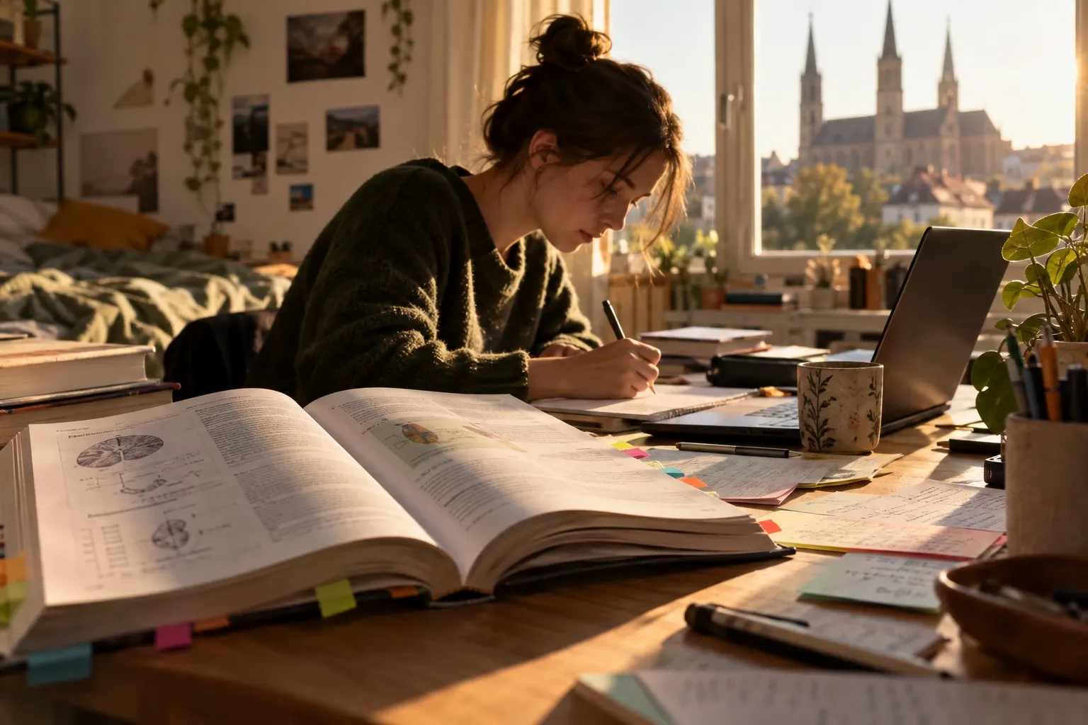 Studentin sitzt am Schreibtisch, schreibt Notizen, aufgeschlagenes Lehrbuch, Laptop, warmes Fensterglühen